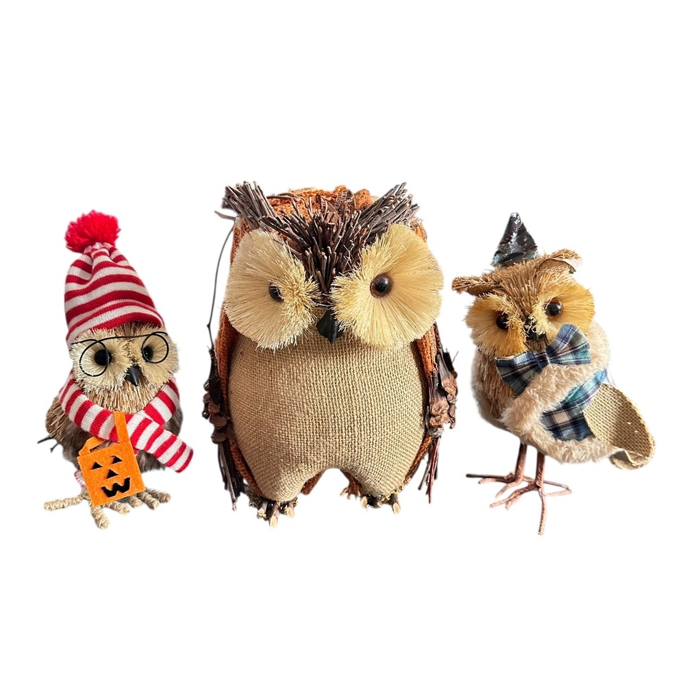 VTG Handmade Owl Figurines 3pc Halloween Birthday Mixed Media Natural Materials
